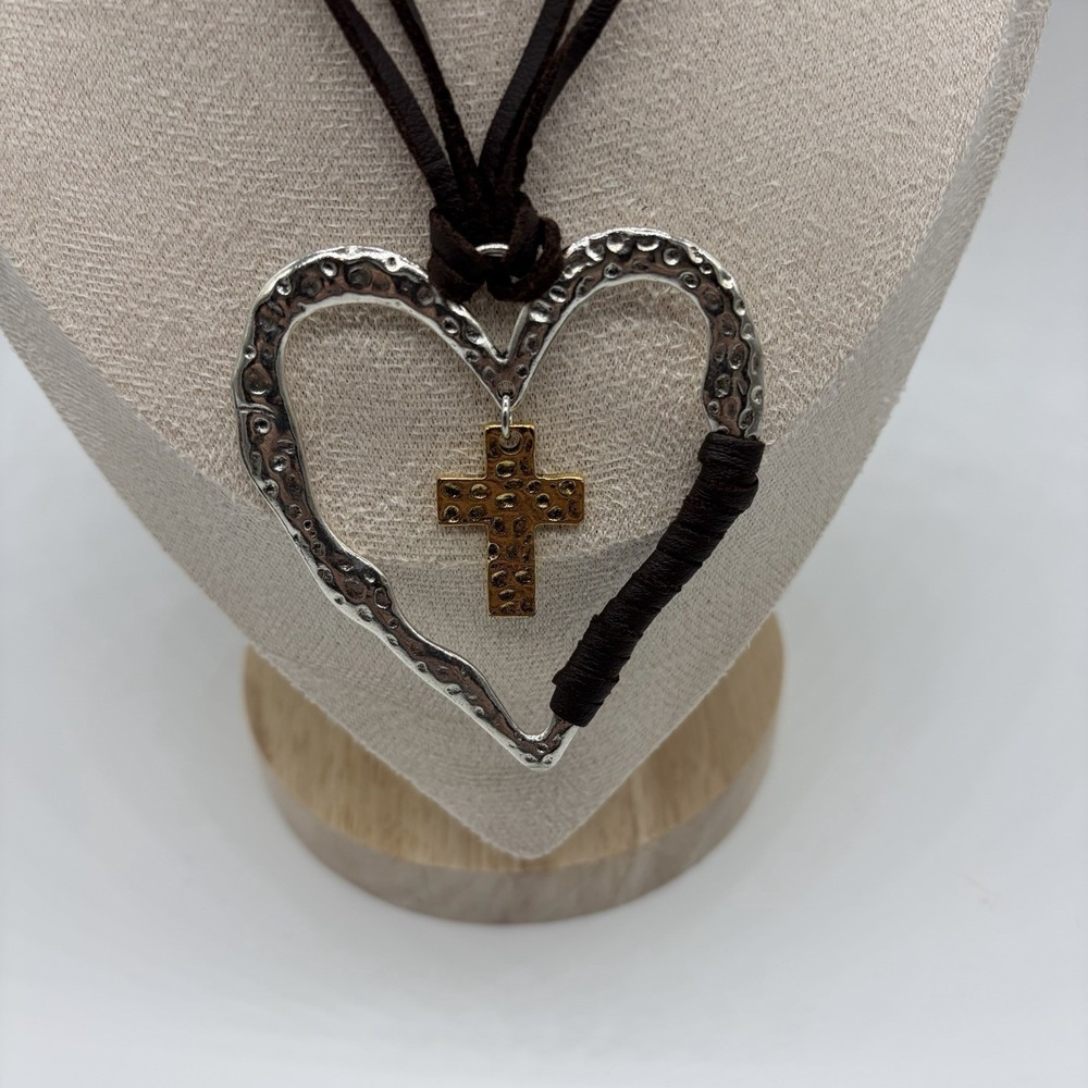 Heart w/Cross Necklace, Leather Adjustable Necklace, 14" long NWOT